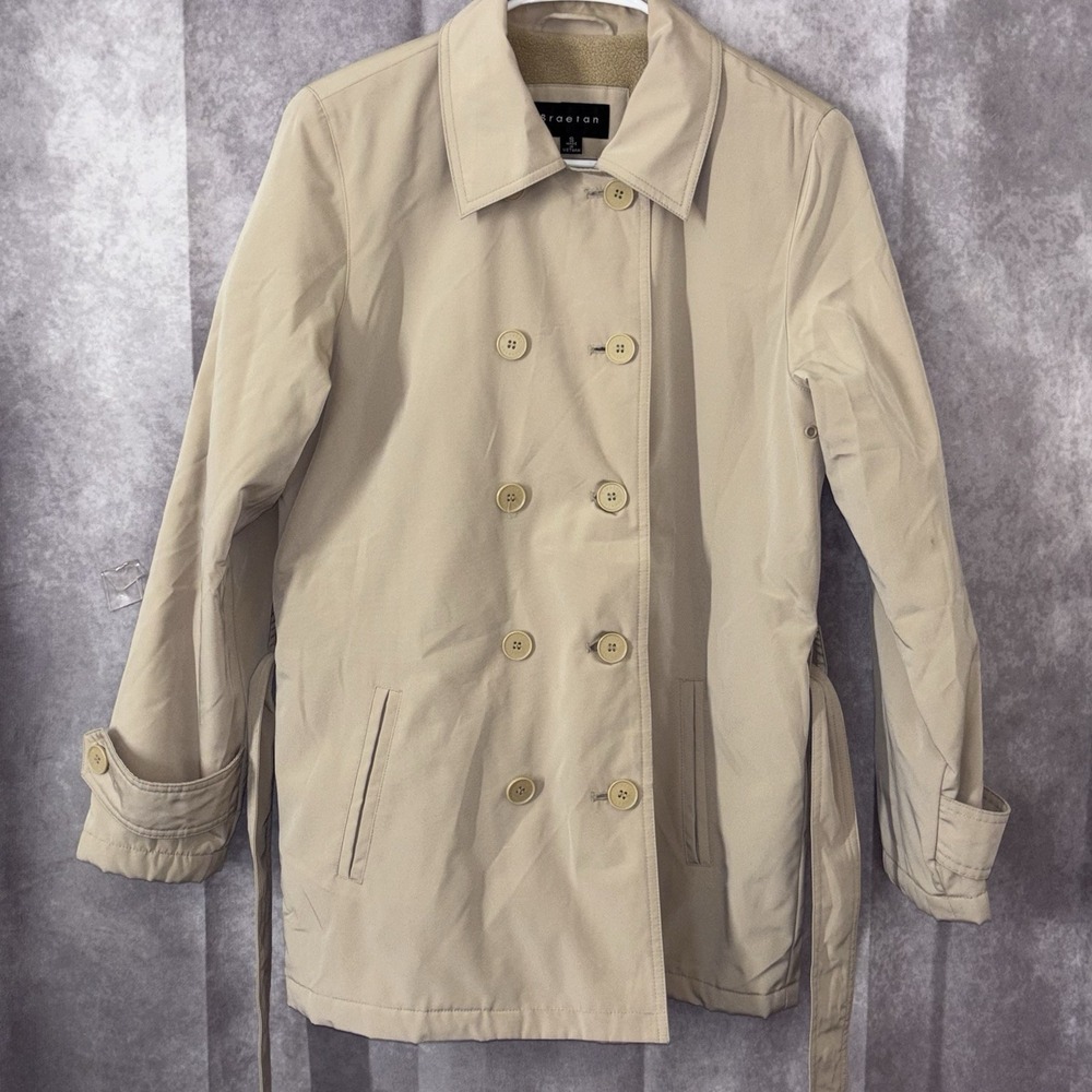 BRAETON Women's Small Lightweight Trench Raincoat Pockets Fleece Lined Tie Beige